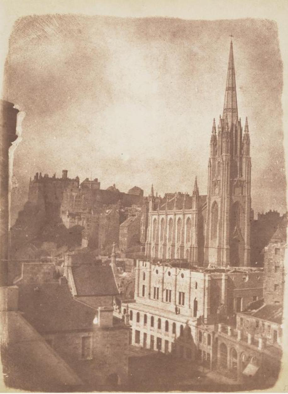 The General Assembly Hall of the Free Church of Scotland during building with the castle and the church of Tolbooth St John in the background by Robert Adamson and David Octavius Hill, circa 1843-47, calotype, via National Galleries of Scotland, Edinburgh